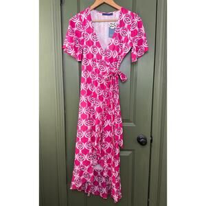NWT Ro's Garden Bonnie MIdi Colorful Spring Resort Wrap Dress Giuliana Pink XS